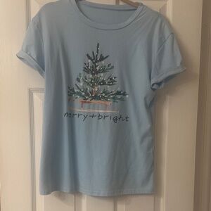Merry + Bright Light Blue Ladies Tee with Christmas Tree